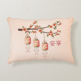 桃の提灯と花「平和」 アクセントクッション
