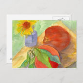 桃の新鮮なフルーツデイジーフラワーウォーターカラーアート ポストカード (正面/裏面)