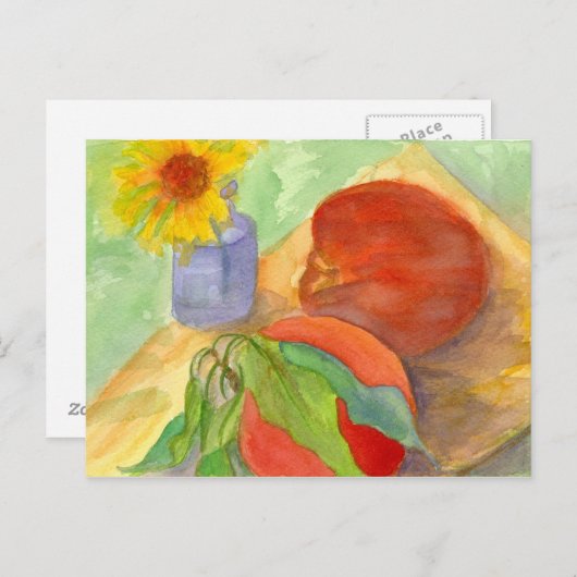 桃の新鮮なフルーツデイジーフラワーウォーターカラーアート ポストカード (正面/裏面)