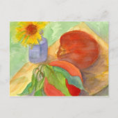 桃の新鮮なフルーツデイジーフラワーウォーターカラーアート ポストカード (正面)