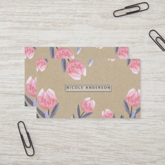 桃の春の水彩チューリップ  rustic kraft シックなデザイン 名刺 (正面/裏面インサイチュ)