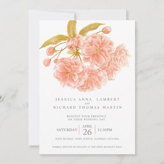 桃の木の花の水の色の写真結婚の 招待状 (正面)