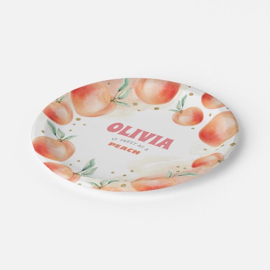 桃の果実と金ゴールド紙吹雪甘い可愛い誕生日 ペーパープレート (アングル)