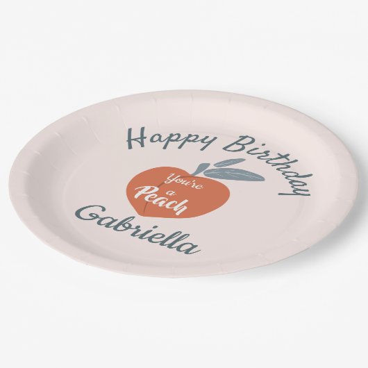 桃の果実、ハッピーバースデーのパーソナライズ名 ペーパープレート (アングル)