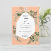 桃の植物緑の金ゴールドフレームQRコードフォト 招待状 (スタンド正面)