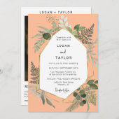 桃の植物緑の金ゴールドフレームQRコードフォト 招待状 (正面/裏面)