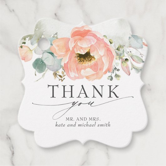 桃の水彩の花結婚の感謝 フェイバータグ (正面)