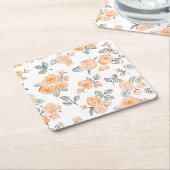 桃の水彩バラ模様 スクエアペーパーコースター (アングル)