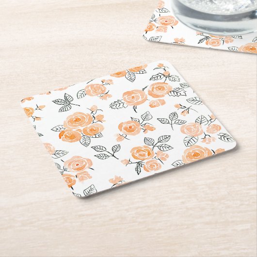 桃の水彩バラ模様 スクエアペーパーコースター (アングル)