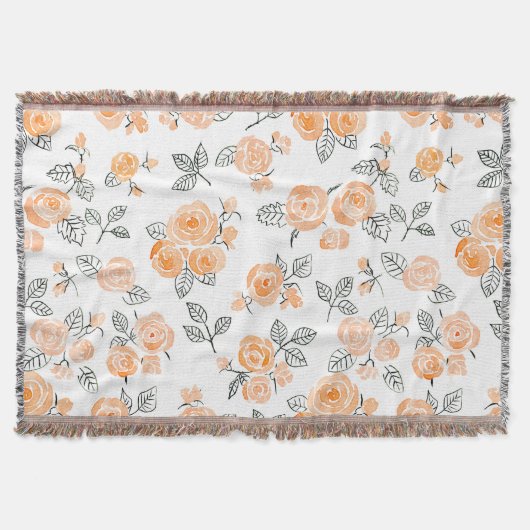 桃の水彩バラ模様 スローブランケット (正面)
