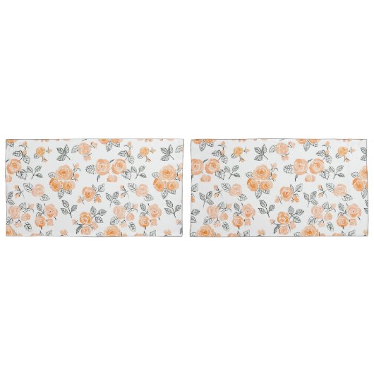 桃の水彩バラ模様 枕カバー (正面-セット)