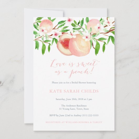 桃の水彩ブライダルシャワー招待状 招待状 (正面)
