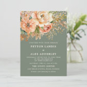 桃の水彩花のセージグリーン結婚式 招待状 (スタンド正面)