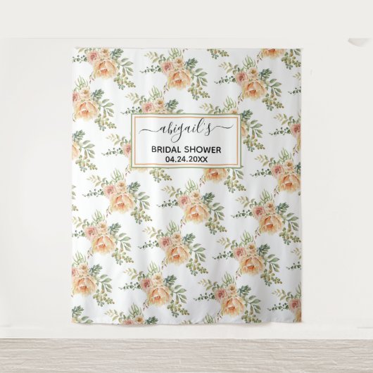 桃の水彩花の花嫁のシャワーパーティー タペストリー (正面)