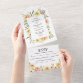 桃の水彩花フレーム 春の結婚式 オールインワン招待状 (貼ってはがせる)