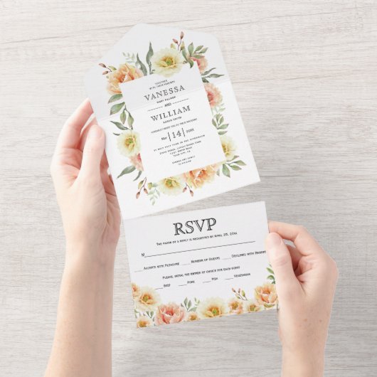 桃の水彩花フレーム 春の結婚式 オールインワン招待状 (貼ってはがせる)