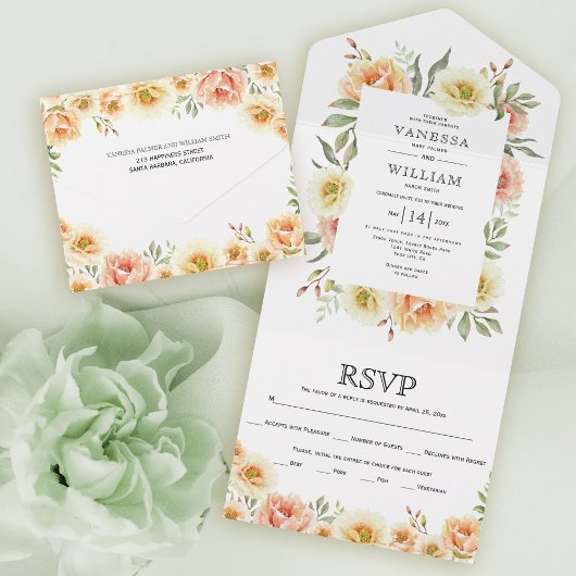桃の水彩花フレーム 春の結婚式 オールインワン招待状