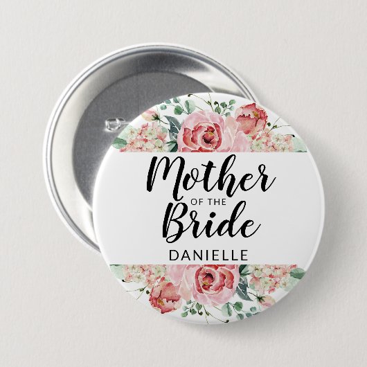 桃の水彩花嫁の母モノグラムの 缶バッジ (正面&裏面)