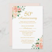 桃の水彩花模様 50周年 結婚記念日 招待状 (正面/裏面)
