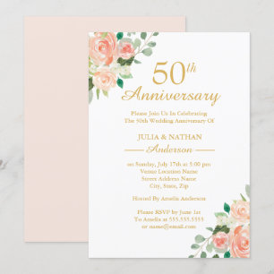 桃の水彩花模様 50周年 結婚記念日 招待状