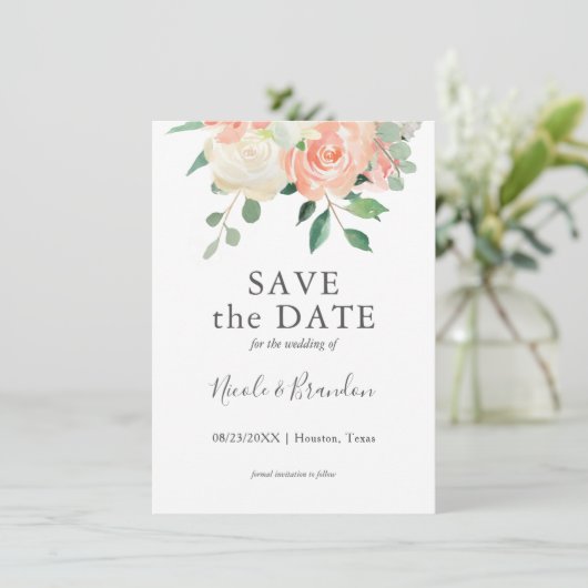 桃の水色のフローラ結婚式の日付を保存 カード (スタンド正面)
