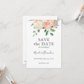 桃の水色のフローラ結婚式の日付を保存 カード (正面/裏面インサイチュ)