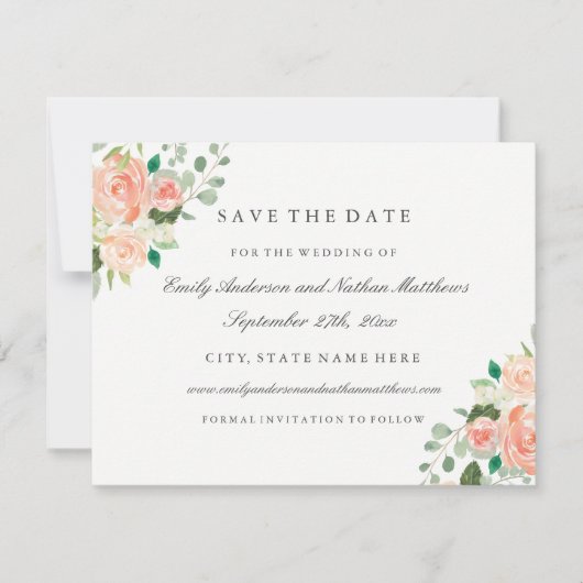 桃の水色のフローラ結婚式の日付を保存 セーブザデート (正面)