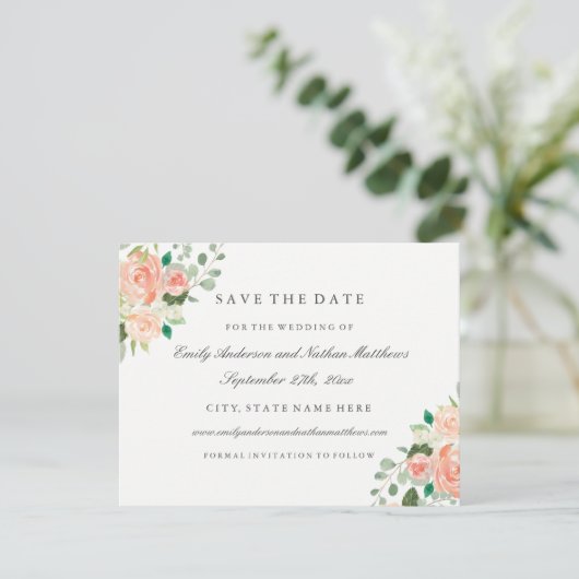 桃の水色のフローラ結婚式の日付を保存 セーブザデート (スタンド正面)