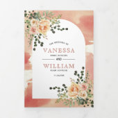 桃の水色の花とアーチフローラ結婚ズ 三つ折り招待状 (カバー)