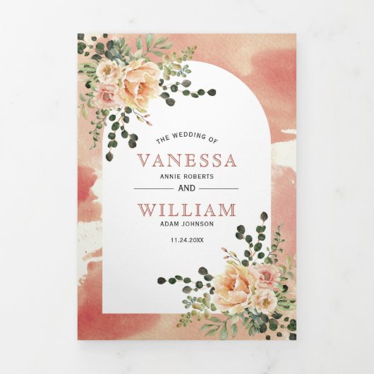 桃の水色の花とアーチフローラ結婚ズ 三つ折り招待状 (カバー)