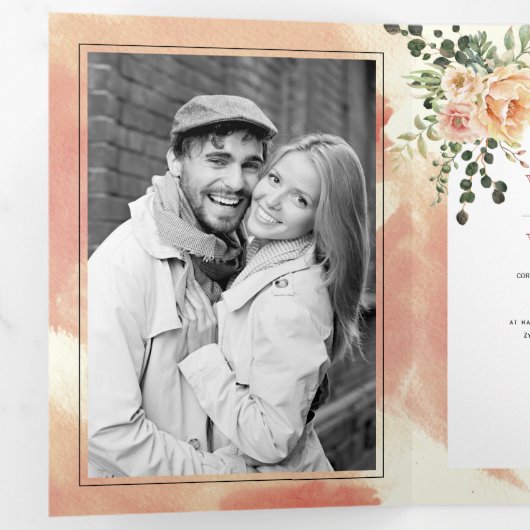 桃の水色の花とアーチフローラ結婚ズ 三つ折り招待状 (内部最初)