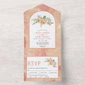 桃の水色の花とアーチ結婚フローラのa オールインワン招待状 (内側)