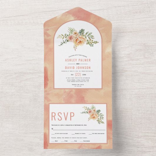 桃の水色の花とアーチ結婚フローラのa オールインワン招待状 (内側)