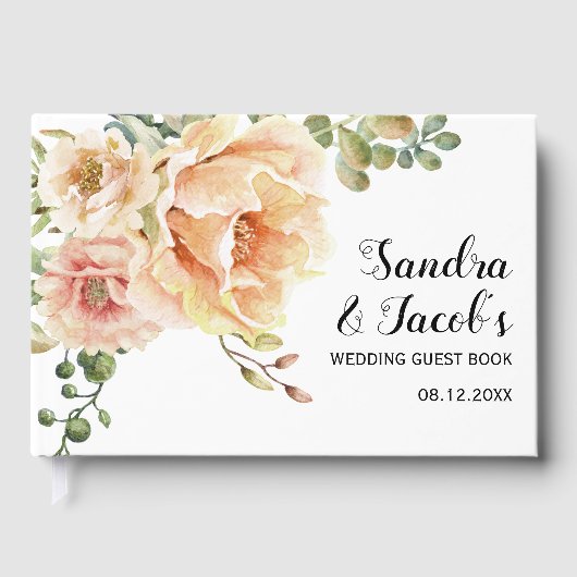 桃の水色の花とタイポグラフィ結婚ズ ゲストブック (正面)