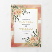 桃の水色の花と離れフローラの結婚 三つ折り招待状 (カバー)