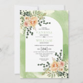 桃の水色の花のセージのアーチフローラ結婚ズ 招待状 (正面)
