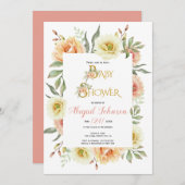 桃の水色の花の女の子のための赤ちゃんシャワー 招待状 (正面/裏面)