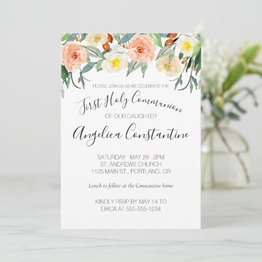桃の水色の花の最初の聖なる聖餐式 招待状 (スタンド正面)
