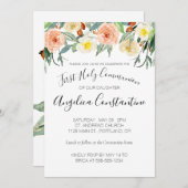 桃の水色の花の最初の聖なる聖餐式 招待状 (正面/裏面)