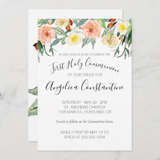 桃の水色の花の最初の聖なる聖餐式 招待状 (正面/裏面)
