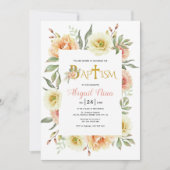 桃の水色の花ガールフローラバプテスマ 招待状 (正面)
