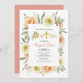 桃の水色の花ガールフローラバプテスマ 招待状 (正面/裏面)