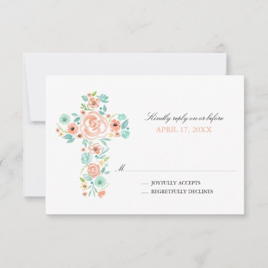 桃の水色の花クロスファースト聖餐式 招待状 (正面)