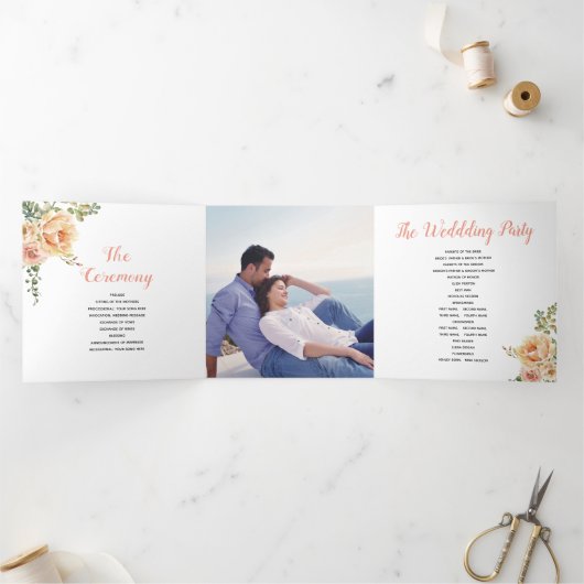 桃の水色の花、緑葉の花、写真 三つ折りプログラム (内部)