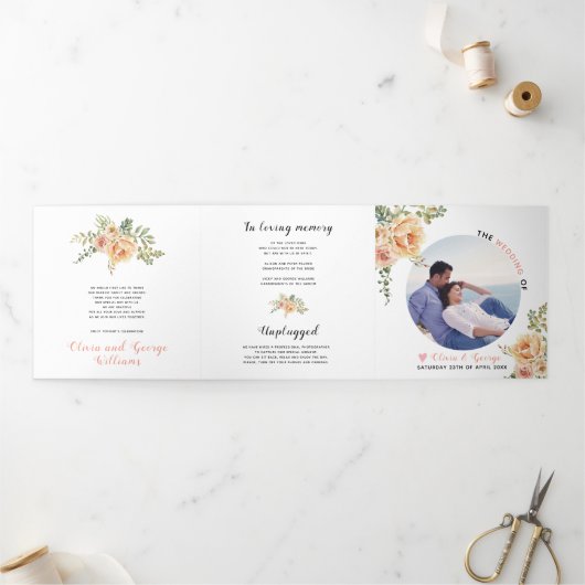 桃の水色の花、緑葉の花、写真 三つ折りプログラム (外部)