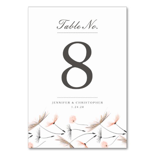 桃の水色ダンデリオン結婚のテーブルカード テーブルナンバー (正面)