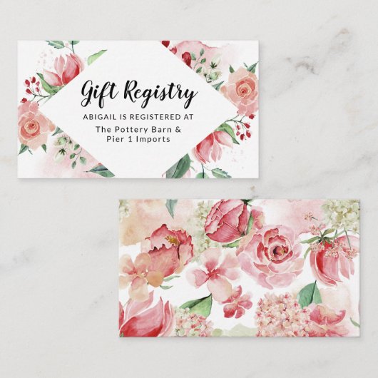 桃の水色フローラフレームシックなギフトレジストリ エンクロージャーカード (正面/裏面)