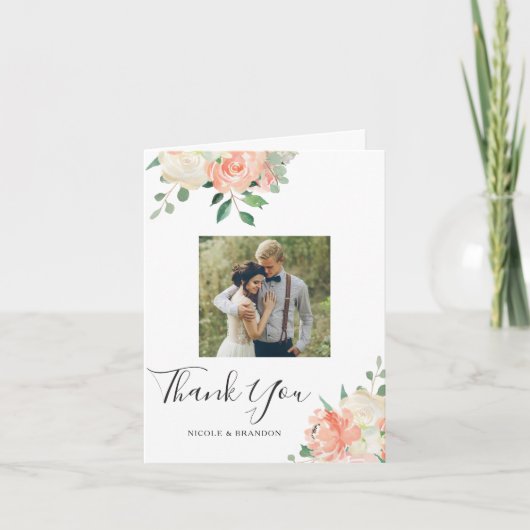 桃の水色フローラ結婚の写真ありがとう サンキューカード (正面)