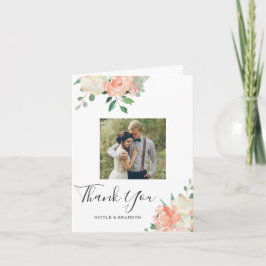 桃の水色フローラ結婚の写真ありがとう サンキューカード