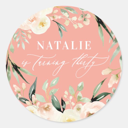 桃の水色フローラ30th誕生日パーティーの好意 ラウンドシール (正面)